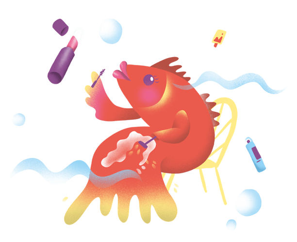 Illustratie van een vis omringd door cosmetica-producten