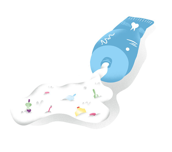 Illustratie van een uitgeknepen tandpastatube, waarbij de tandpasta vol plastic zit.